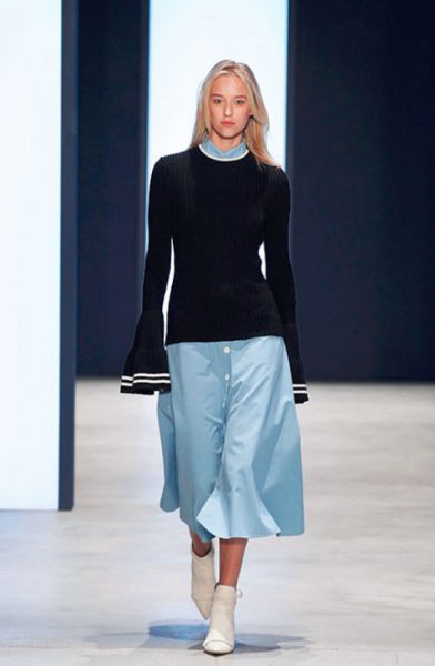 Derek Lam “Look 4”: Black silk and cotton rib sweater, Oxford poplin shirt dress, and Baden shoe